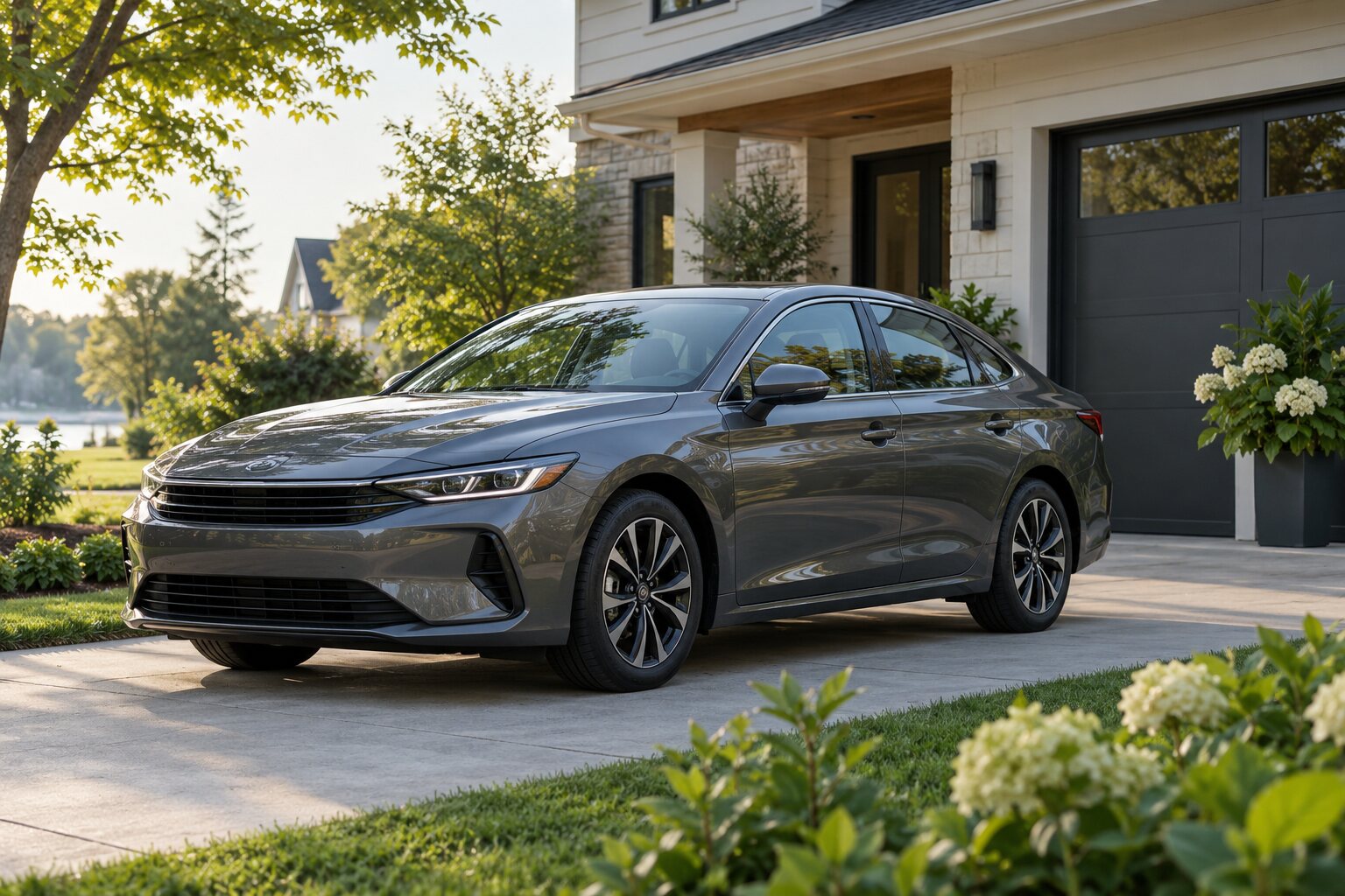 Gray car in a quiet driveway