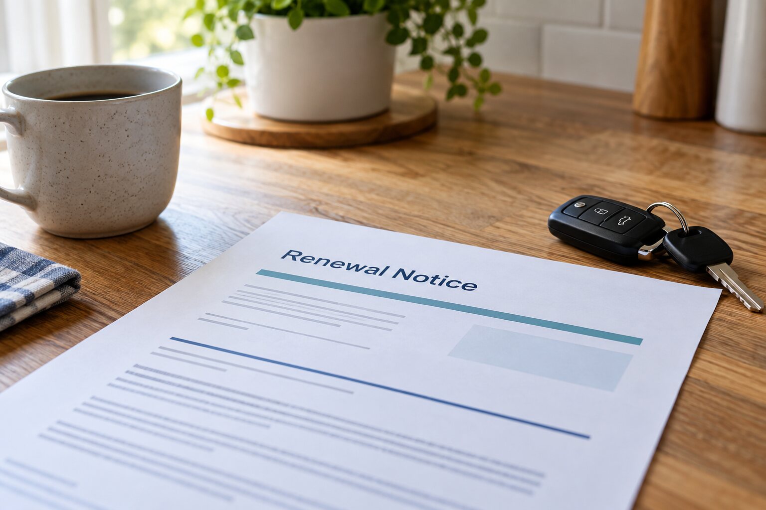 Renewal notice and car keys on a kitchen counter