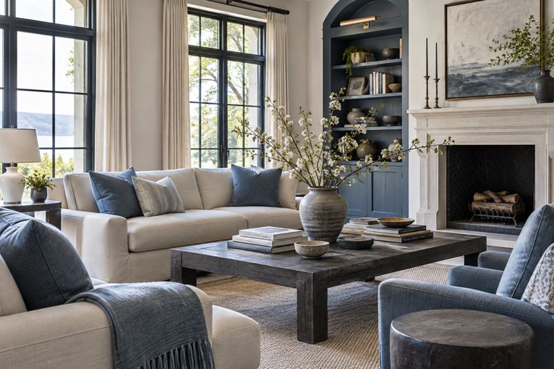 A bright living room with books and soft blue cushions